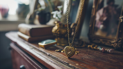 Elegant Antique Pocket Watch and Heart-Shaped Locket on a Vintage Wooden Table