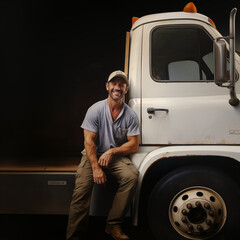 Man leaning on a White work truck, ready for logo and applications, room for copy