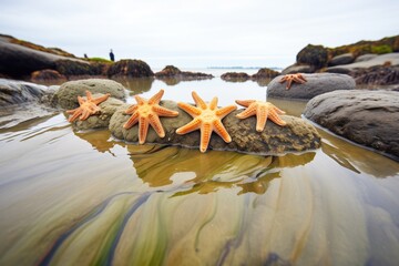 group of starfish on a rocky tide pool edge