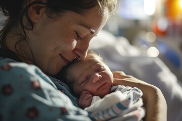 The Miracle of Motherhood: A tender moment in the hospital, as a mother embraces her newborn for the first time, symbolizing the profound love and the beginning of a beautiful journey.


