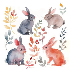 ウサギの水彩イラスト、イースター、植物