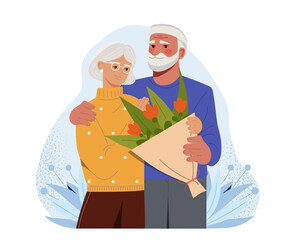 Happy seniors couple with bouquet concept. Elderly man and woman with blossom. Wedding anniversary and Valentines Day. Romantic present. Love and care, romance. Cartoon flat vector illustration