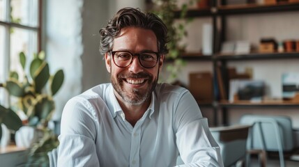 Obraz premium In the office, a happy, smiling businessman