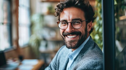 Obraz premium In the office, a happy, smiling businessman