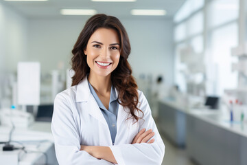 female laboratory worker wearing a white lab coat, smiling, and standing in a clinic