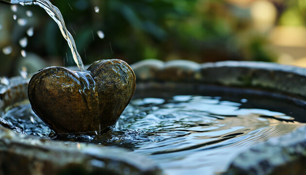 Serene Heart-Shaped Stone Fountain in a Peaceful Garden