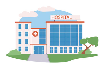 Hospital building concept. Medical occupation, health care and medicine. Urban infrastructure and architecture. House with white cross. Cartoon flat vector illustration isolated on white background