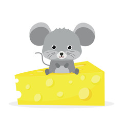 Vector kids illustration. Mouse is sitting on cheese. Cute animal character. Minimal cartoon design. Sutable for apps and animation. 