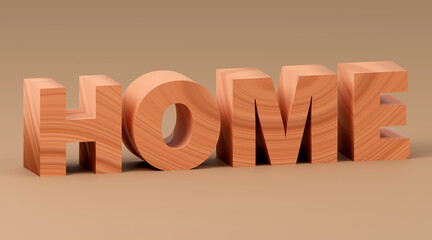 Luxury wooden inscription home on grey podium, soft light, front view smooth background, 3d render