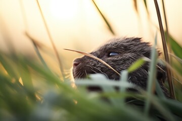 vole silhouette against setting sun in grass - obrazy, fototapety, plakaty