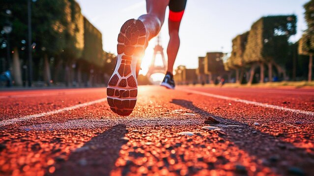 Athlete woman running in her sneakers in the streets of Paris with Eiffel Tower in front of her. Female jogging in running shoes closeup. Outdoor recreational training and active lifestyle.
