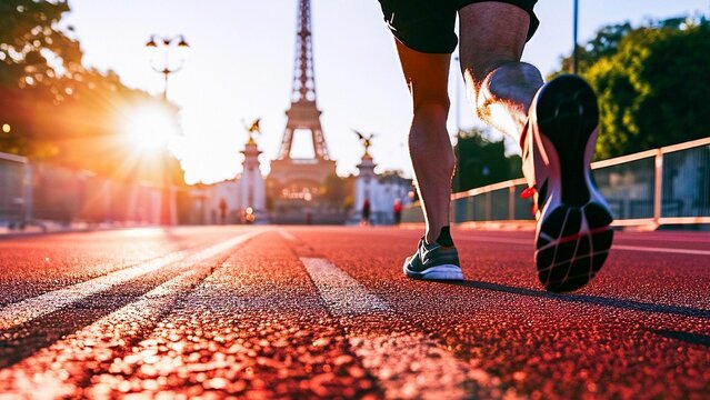 Athlete man running in his sneakers in the streets of Paris with Eiffel Tower in front of him. Male jogging in running shoes closeup. Outdoor recreational training and active lifestyle.
