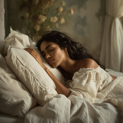 Woman using pillows to create a comfortable sleeping environment in a bedroom adorned in calming white and cream tones