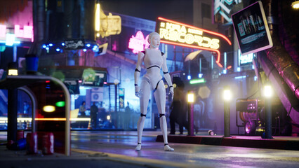 female robot walking along a street in a big city. humanoid AI robot crossing street. 3d render. future automation job.