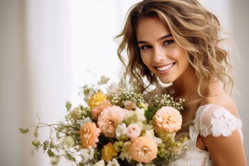 A happy bride with flowers in her hands.