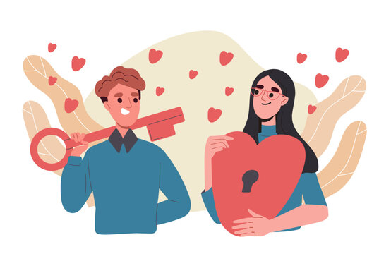 Key to heart concept. Man and woman in love. Young pair and couple of lovers. Happy family together. Greeting postcard for wedding anniversary and Valentines Day. Cartoon flat vector illustration