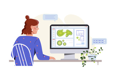 Landscape designer at workplace concept. Woman sitting at computer. Geology and geodesy, cartography. Freelancer and remote employee work from home. Cartoon flat vector illustration