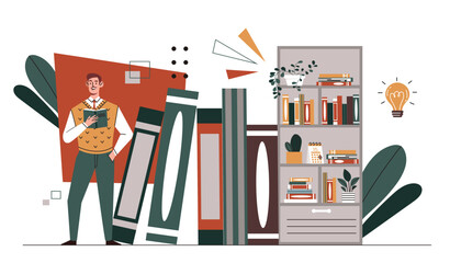 Man in library concept. Young guy with books, textbook and fiction. Character near shelves with books. Love for reading and literature. Education and learning. Cartoon flat vector illustration