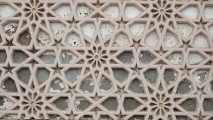 Relief Pattern Old Weathered Cracked Whitewashed Wall. Architecture Decorative Detail Close Up....