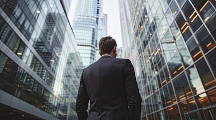 A handsome businessman standing with his back in front of a tall skyscraper building in a modern american city.
