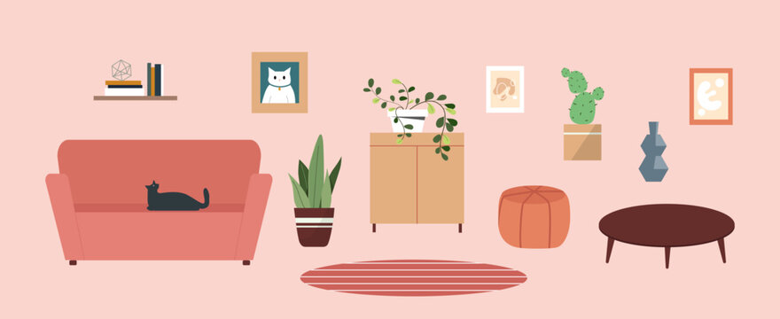 Living room furniture set. Sofa and couch near brown table and desk. Comfort and coziness. Plants in flowerpots and pictures, shelves. Cartoon flat vector collection isolated on pink background