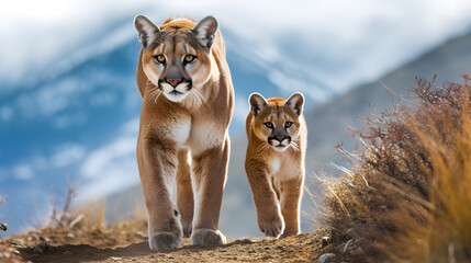 puma and her cub walking in the desert highlands - obrazy, fototapety, plakaty