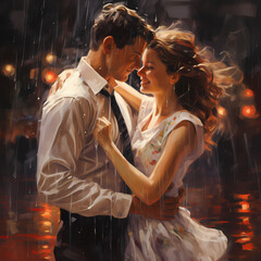 A young couple dancing in the rain.