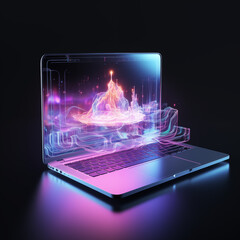 a realistic hologram of a transparent computer, glowing blur with ethereal radiance, epic style