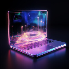 a realistic hologram of a transparent computer, glowing blur with ethereal radiance, epic style