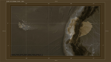 Ecuador with Galápagos Islands composition. Sepia elevation map