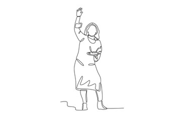 A woman dances at the Holi festival with a tool in one hand. Holi one-line drawing