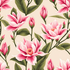 Seamless pattern of pink magnolia flowers on ivory background, early spring flower bloom, primrose garden, spring gardening, wallpaper and floral background postcard. 