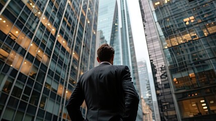 A handsome businessman standing with his back in front of a tall skyscraper building in a modern american city.