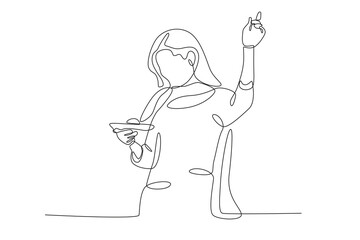 A woman is enjoying food while dancing at the Holi festival. Holi one-line drawing