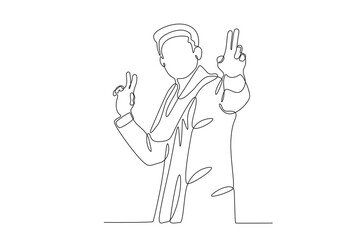 A man dances with his hands raised at the Holi festival. Holi one-line drawing