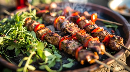 Succulent grilled skewers with a variety of meats and vegetables, charred to perfection, presented on a hot grill plate over an open flame in an outdoor cooking setting.