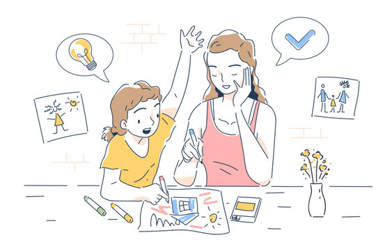 Mother with daughter doodle. Woman draw pictures with daughter. Young girl with kid at workshop or studio. Education and training, skill development. Linear flat vector illustration