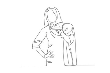 A woman is taking a photo shoot during the Holi festival. Holi one-line drawing