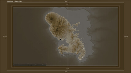 Martinique composition. Sepia elevation map