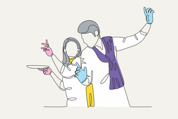 A man and a woman are dancing at the Holi festival. Holi one-line drawing