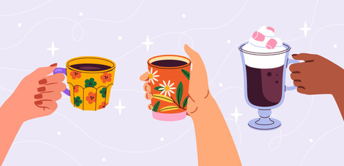 Mugs of hot drinks set. Hands with cups with tea or coffee. Beverage, dessert and delicacy. Cozzy and comfortabe drinks. Cartoon flat vector collection isolated on blue background - obrazy, fototapety, plakaty