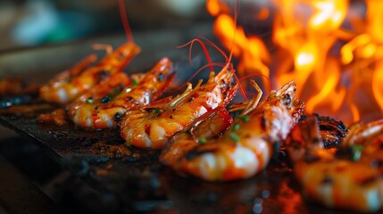 Juicy grilled BBQ shrimp skewers with flames licking the shellfish, showcasing a mouthwatering barbeque seafood feast.