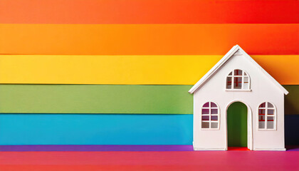 house with flag lgbt background. LGBT concept buying house.