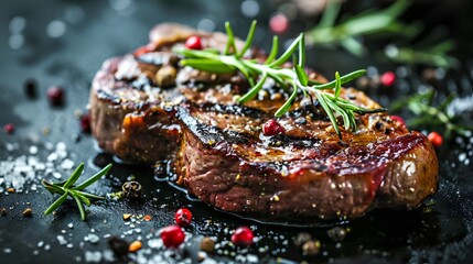 Succulent grilled beef steak with perfect sear marks, served on a rustic plate against a dark, elegant backdrop, exuding a luxurious and gourmet dining experience. - obrazy, fototapety, plakaty