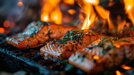 A succulent piece of salmon fillet with grill marks, being barbecued over a smoky charcoal fire, flames licking the edges, infusing a smoky flavor.