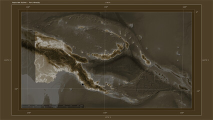 Papua New Guinea composition. Sepia elevation map