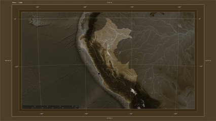 Fototapeta na wymiar Peru composition. Sepia elevation map