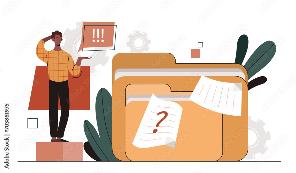 Poster man with no data concept. young guy with folder of files without documents. lost of personal data an