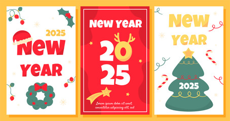 New year banners set. Christmas and Noel Eve, winter holidays. Christmas tree and wreath. Greeting and invitational postcards. Cartoon flat vector collection isolated on yellow background