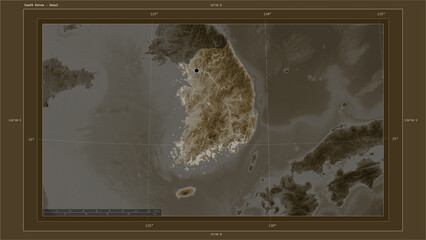 South Korea composition. Sepia elevation map